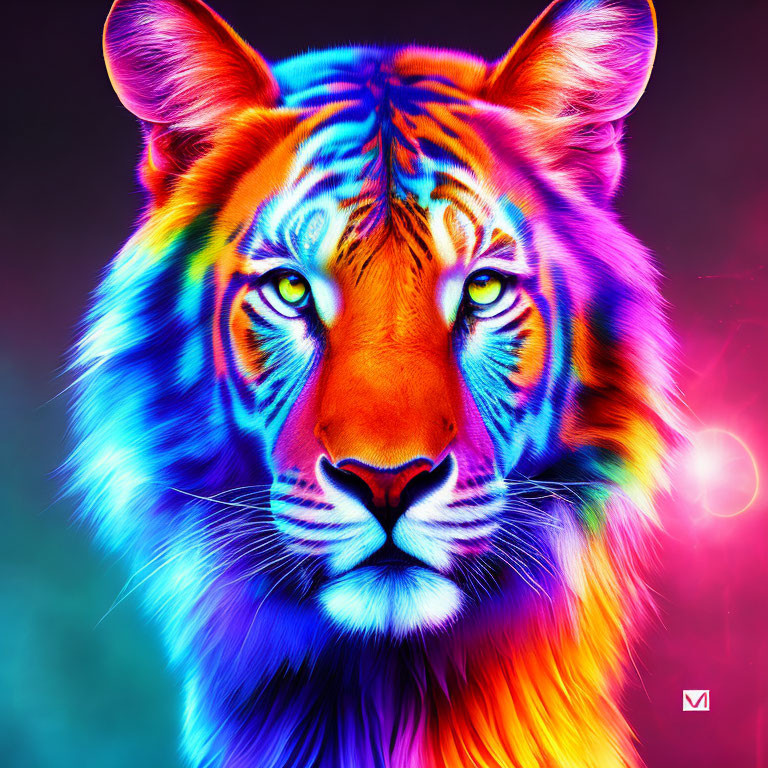 Colorful Tiger Face Art in Neon Rainbow Palette