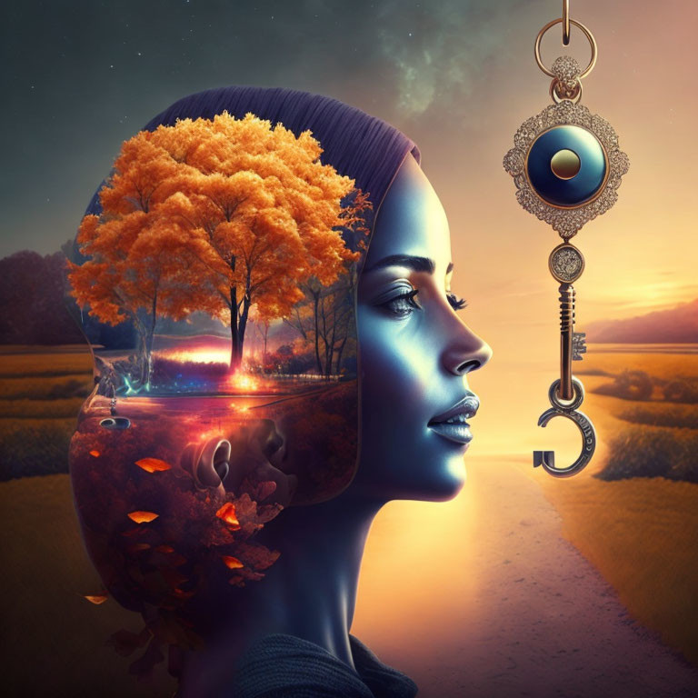 Surreal portrait of woman with transparent head filled with autumn trees and sunset landscape