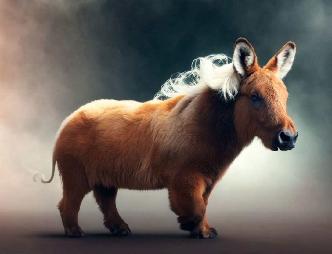 Brown creature with horse-like head and shaggy mane in misty setting