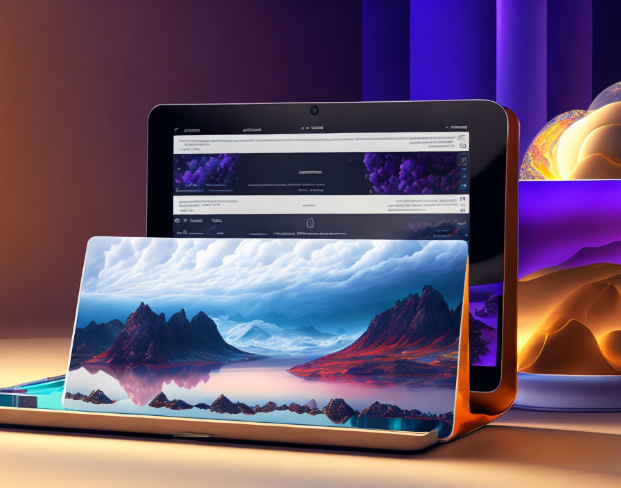 Laptop and Tablet Displaying Wallpapers on Gradient Backdrop with Abstract Sculptures