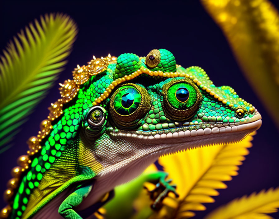 Close-Up of Green Jeweled Chameleon with Blue Eyes in Tropical Foliage