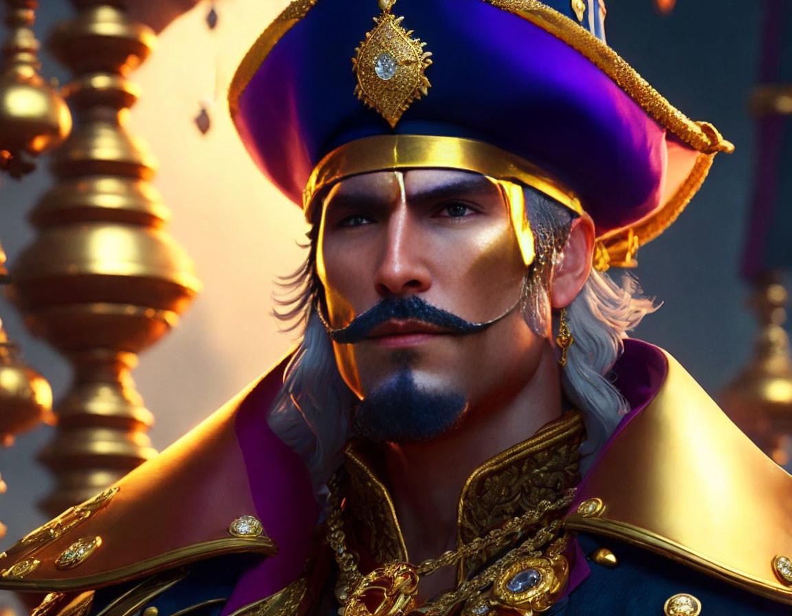 Regal animated character with mustache in gold-trimmed uniform