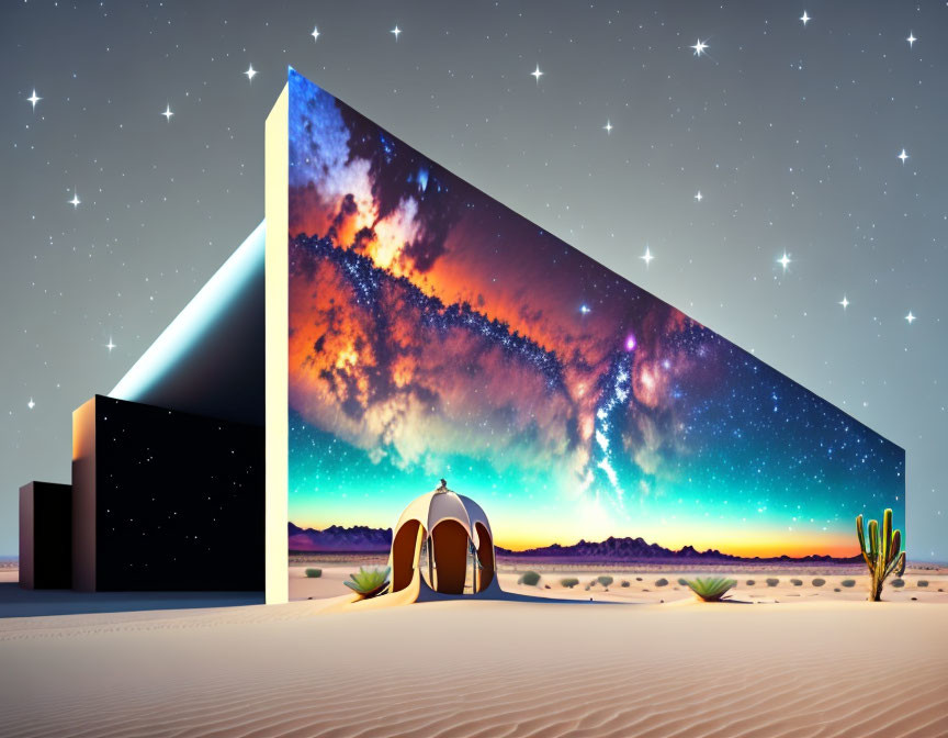 Tent under starry sky by galaxy wall with desert landscape