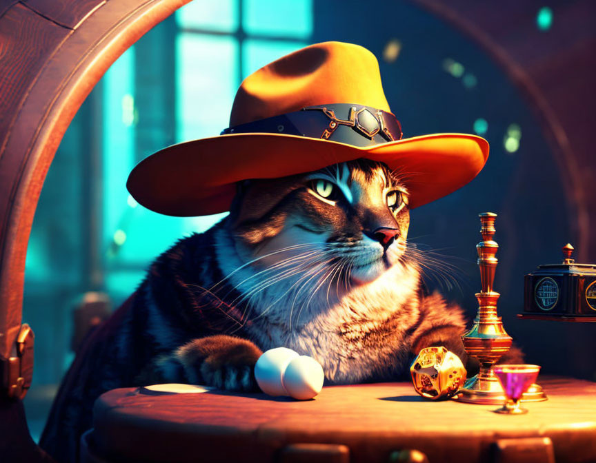 Stylized cat with green eyes in cowboy hat at table with dice, cue ball, and gob