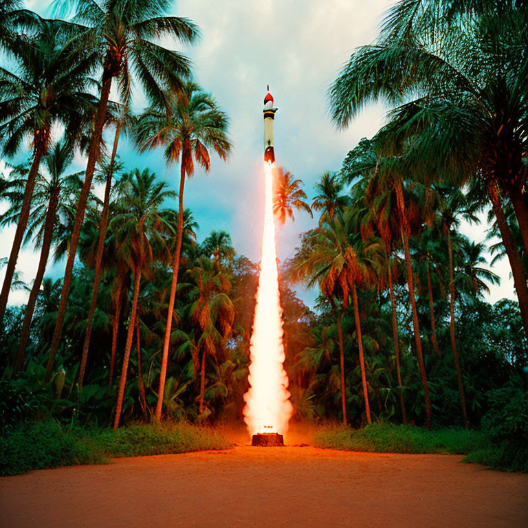 Rocket Launch Resembling Lighthouse Beam in Tropical Palm Setting