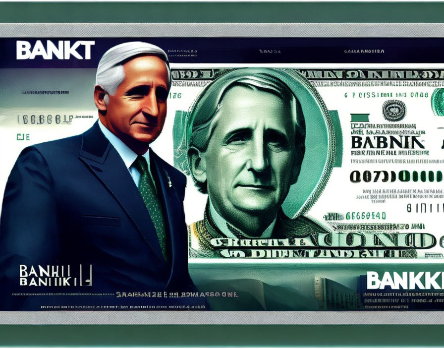 Man in suit on stylized banknote with currency motifs.