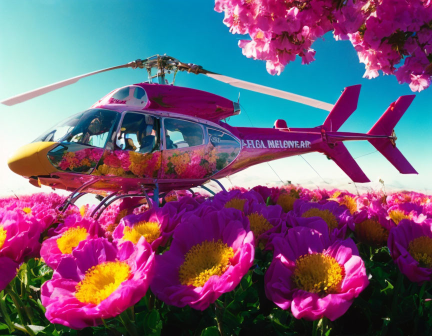 Pink helicopter with flower designs in blooming peony field