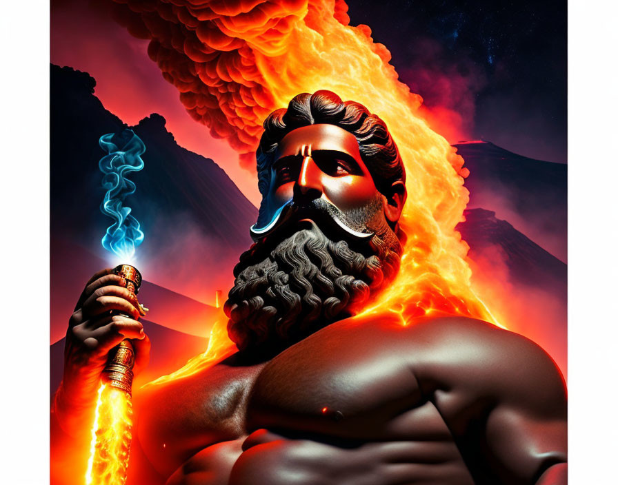 Muscular, Bearded Figure with Pipe Amid Volcanic Eruptions and Starry Sky