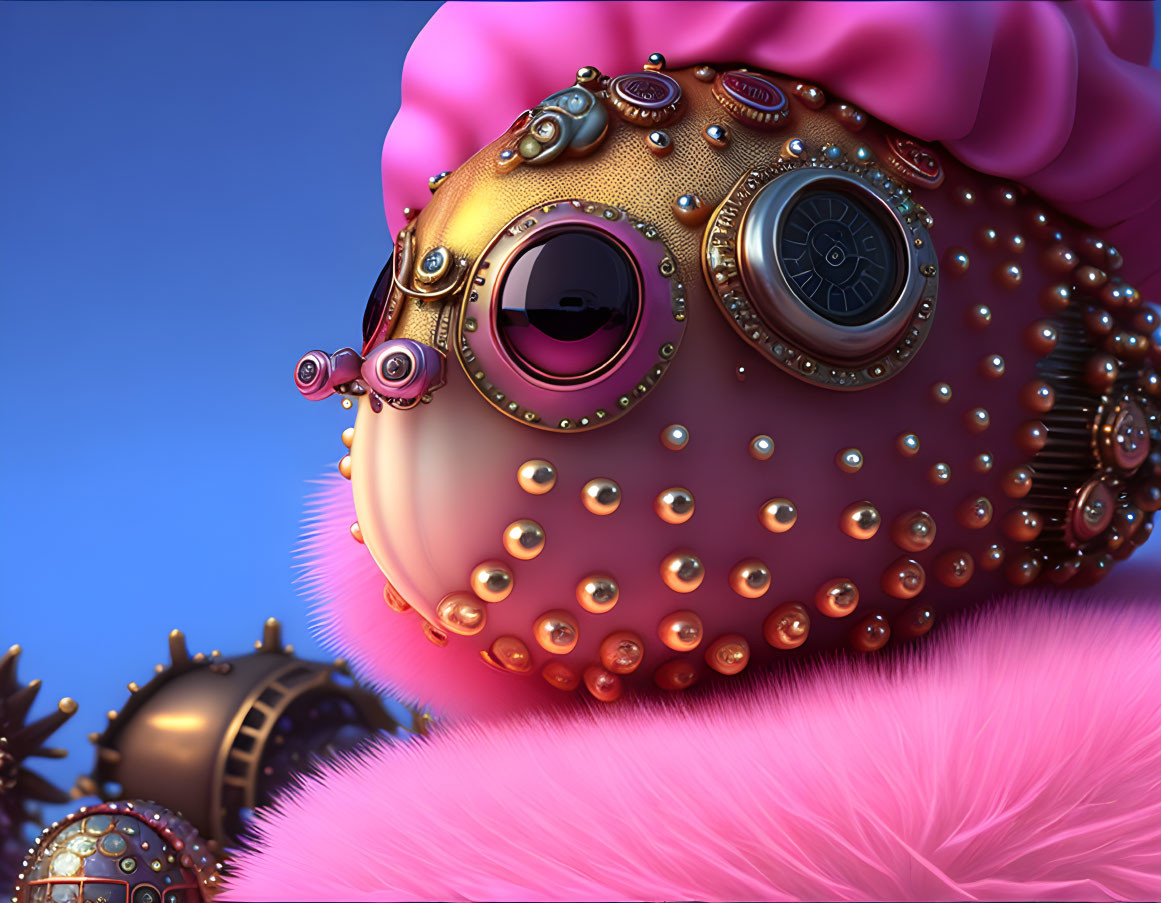 Whimsical pink furry creature with steampunk-inspired golden eye