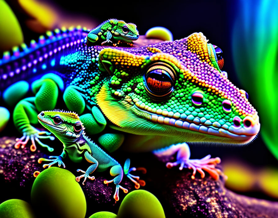 Colorful Geckos on Green Foliage: Enhanced saturation and contrast create surreal, neon-like