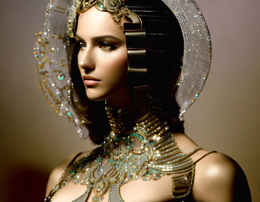 Elaborate headgear and jewelry on person with soft-focus background