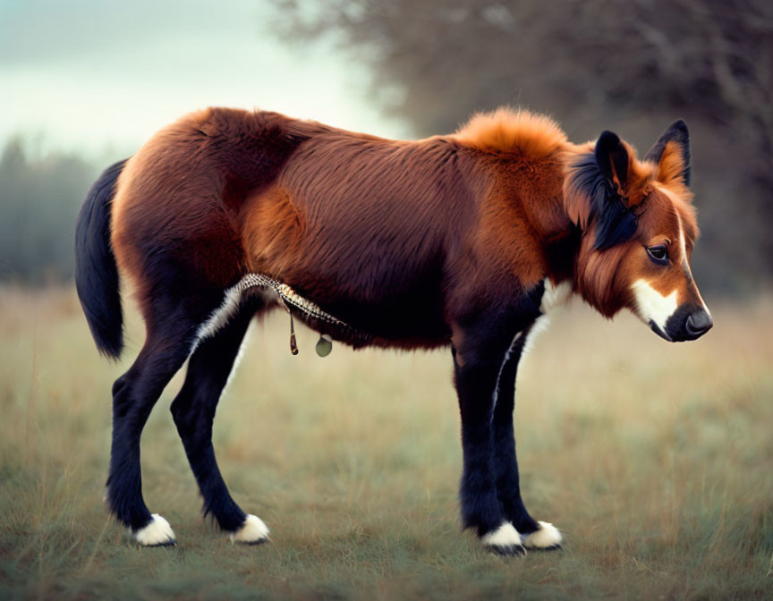 Hybrid animal: horse body, dog head in field