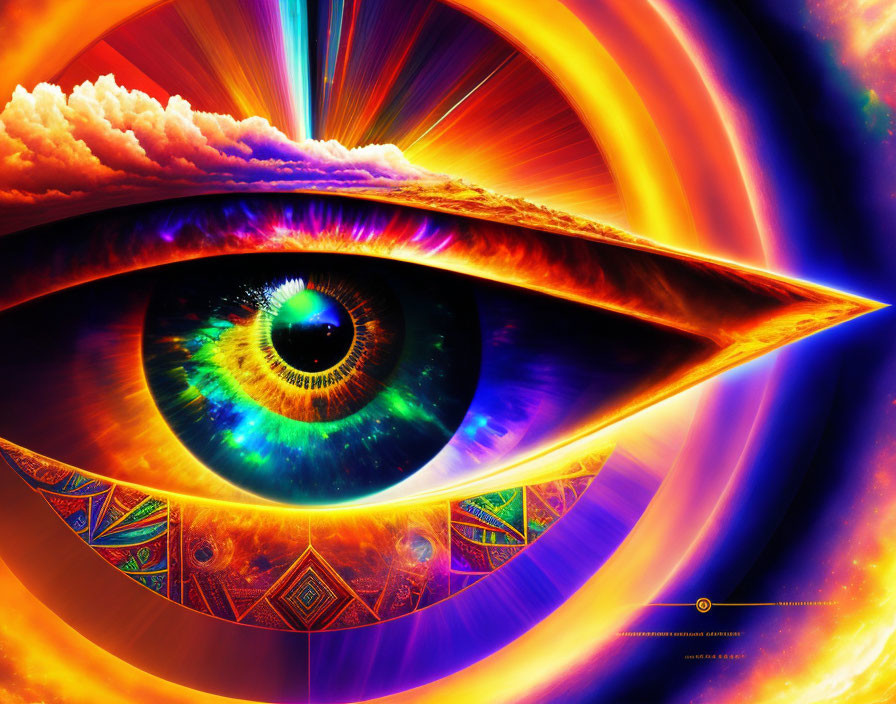 Psychedelic eye digital artwork with vibrant colors and fractal patterns