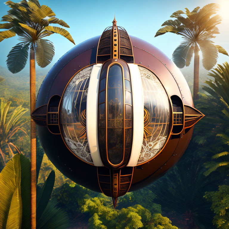 Intricately designed spherical airship above tropical forest