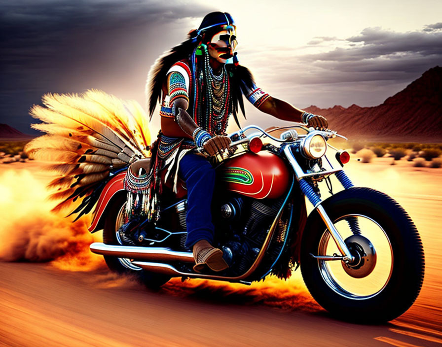 Native American in traditional attire rides motorcycle in desert at sunset