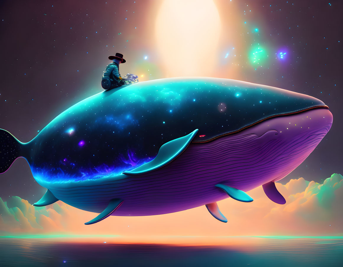 Cowboy riding cosmic whale under starry sky & sun.