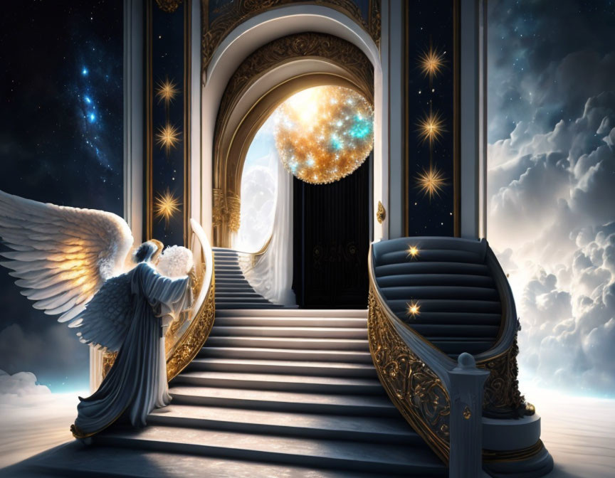 Celestial angel admires cosmic sphere in ornate doorway landscape