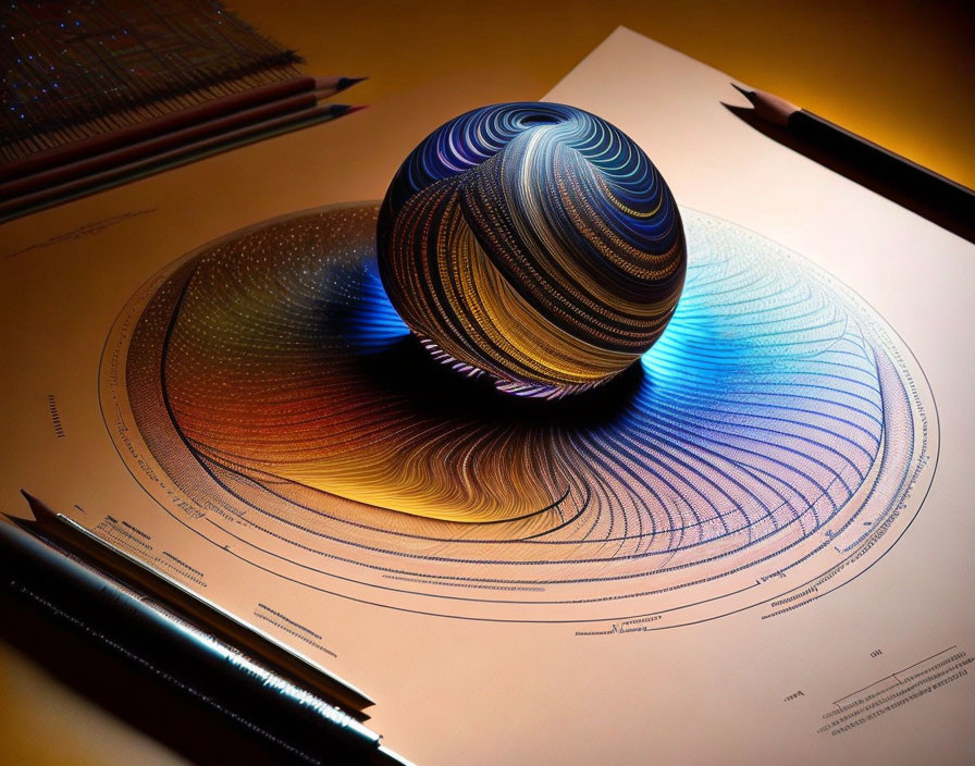 Intricate Blue and Orange 3D Geometric Artwork on Paper