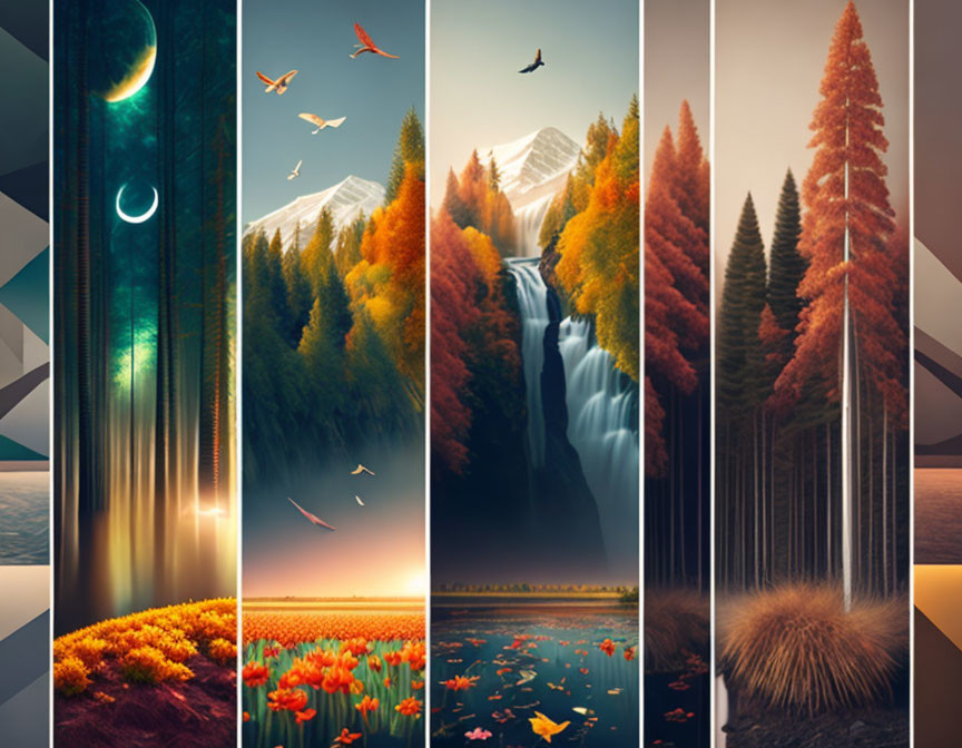 Nature scenes with crescent moon and landscapes transitioning from day to night