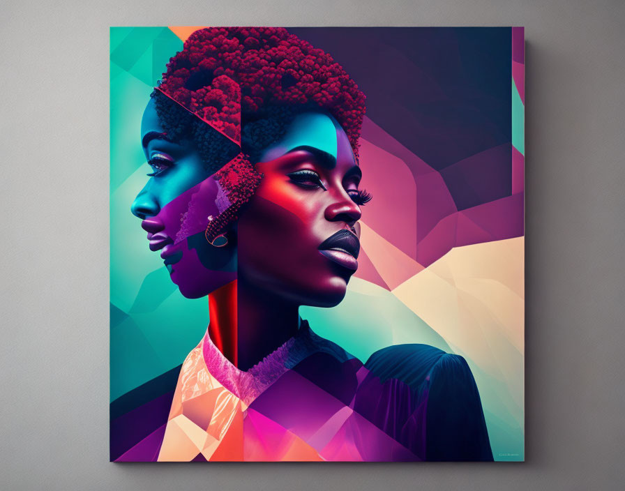 Colorful digital artwork: Overlapping profiles of woman with afro hair