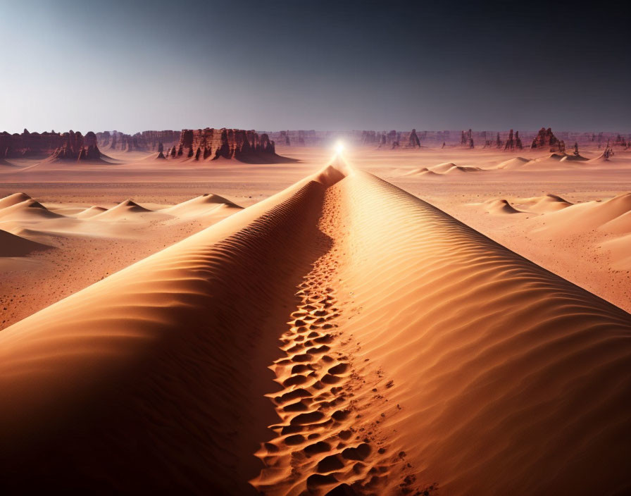 Serene desert sunrise with dune ridge and distant rock formations