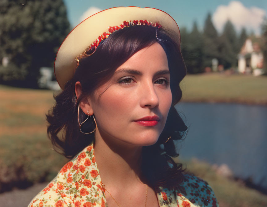 Dark-haired woman in floral dress gazes left by house and pond