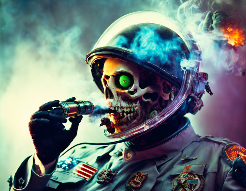 Skeleton in astronaut suit with smoking skull and green eye