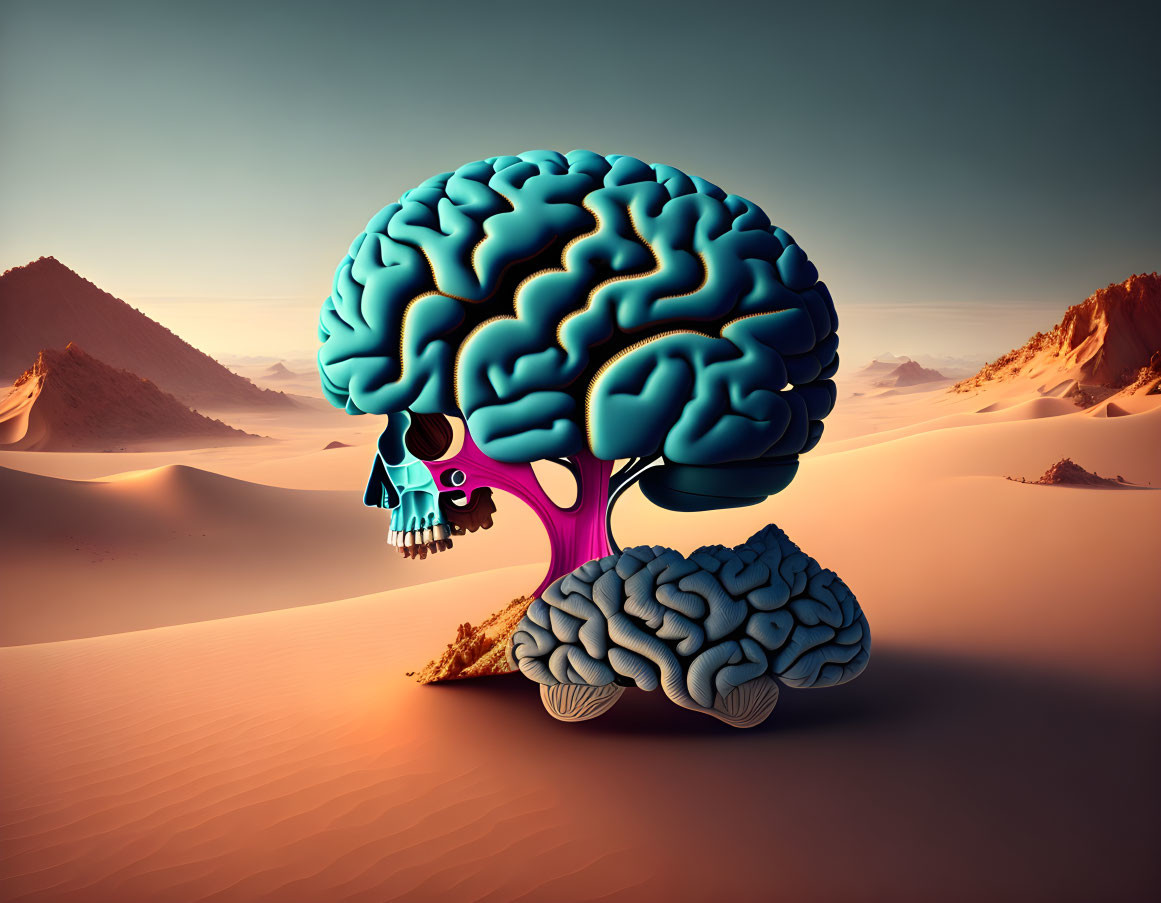 Large human brain tree with skull in desert sunset landscape