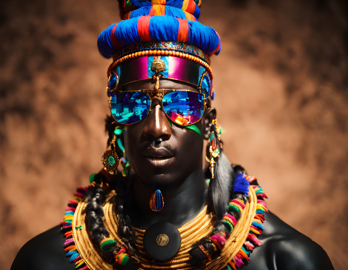 Traditional beadwork and headdress on person with sunglasses in warm background