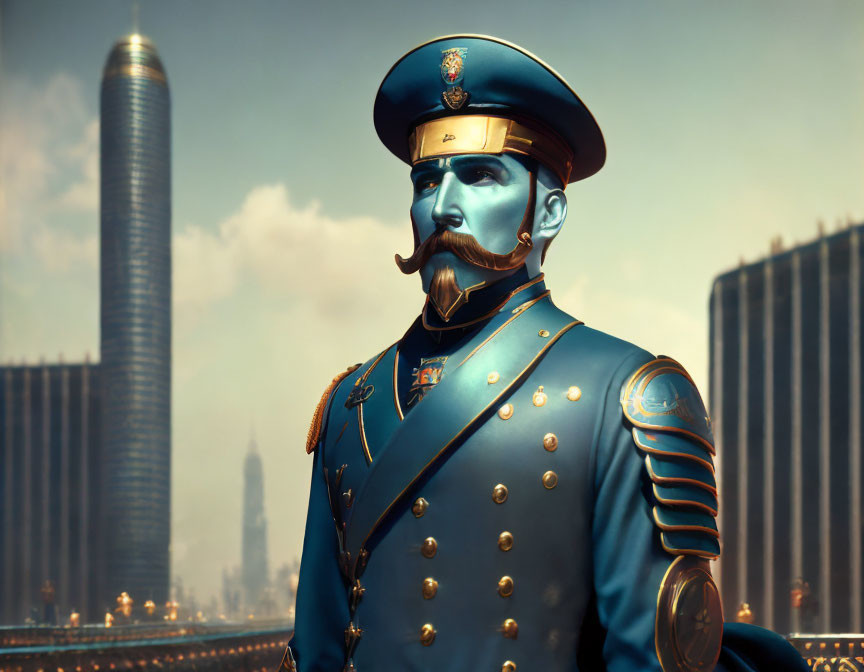 Illustration of man in blue military uniform with golden accents in futuristic city.