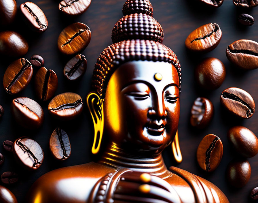 Golden Buddha Statue Amid Coffee Beans on Dark Wood