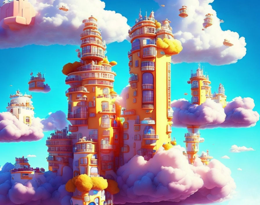 Vibrant floating islands with whimsical cloud-top buildings and airships in blue sky