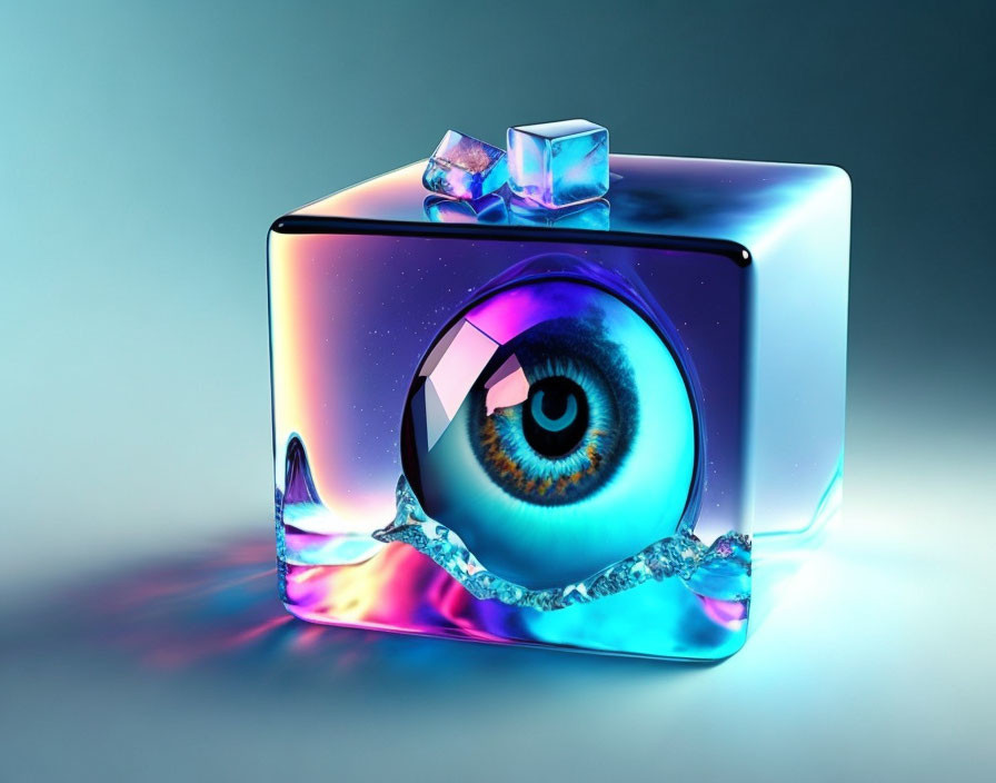 Translucent cube with human eye, melting ice, vivid colors