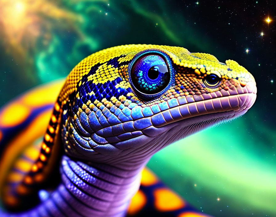 Colorful digitally enhanced snake with blue eye on cosmic background