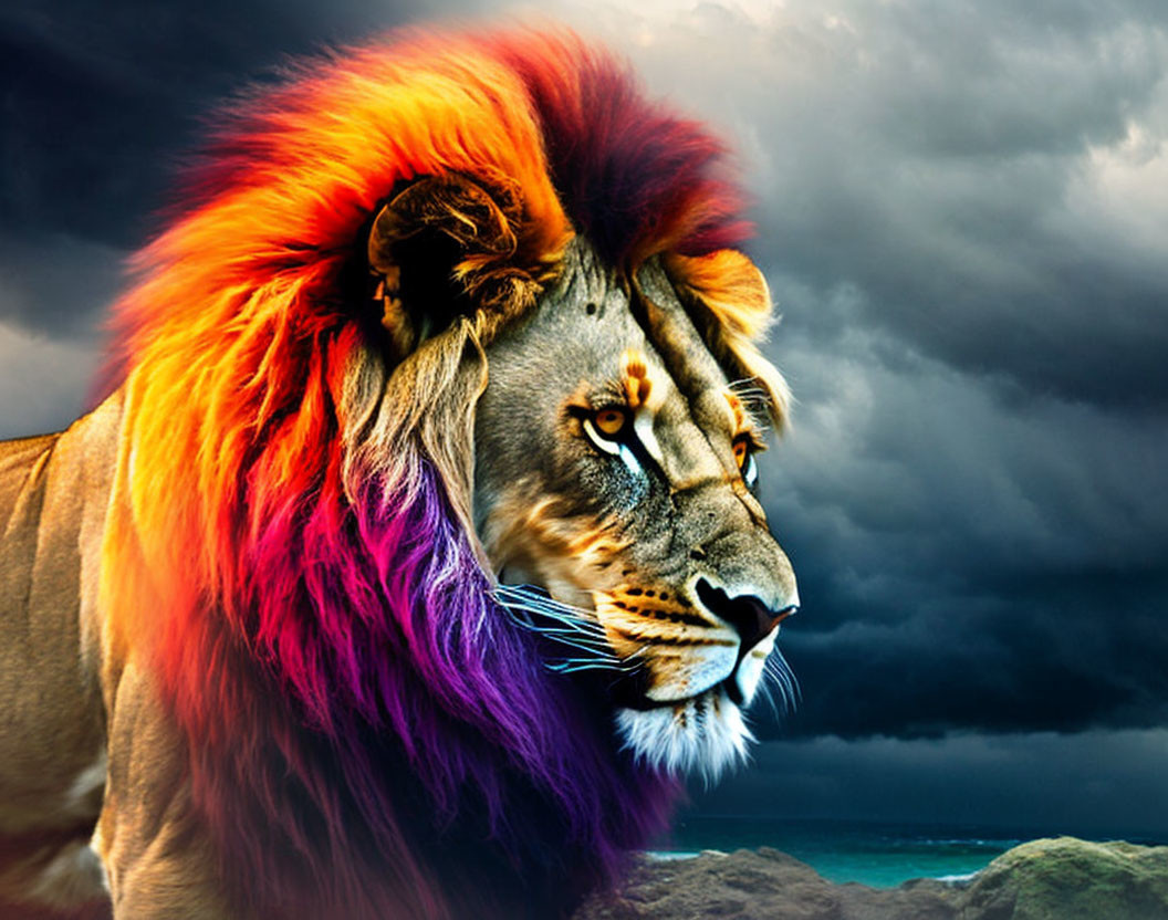 Digitally altered lion image with rainbow mane on stormy sky background