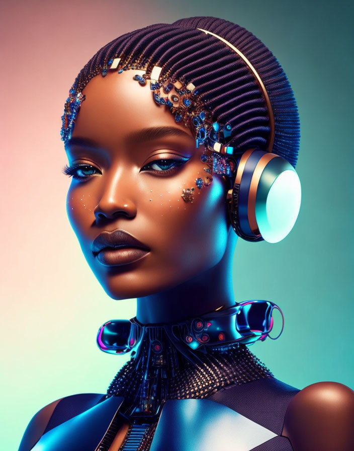 Futuristic woman with beadwork, headphones, and high-tech choker on multicolored backdrop