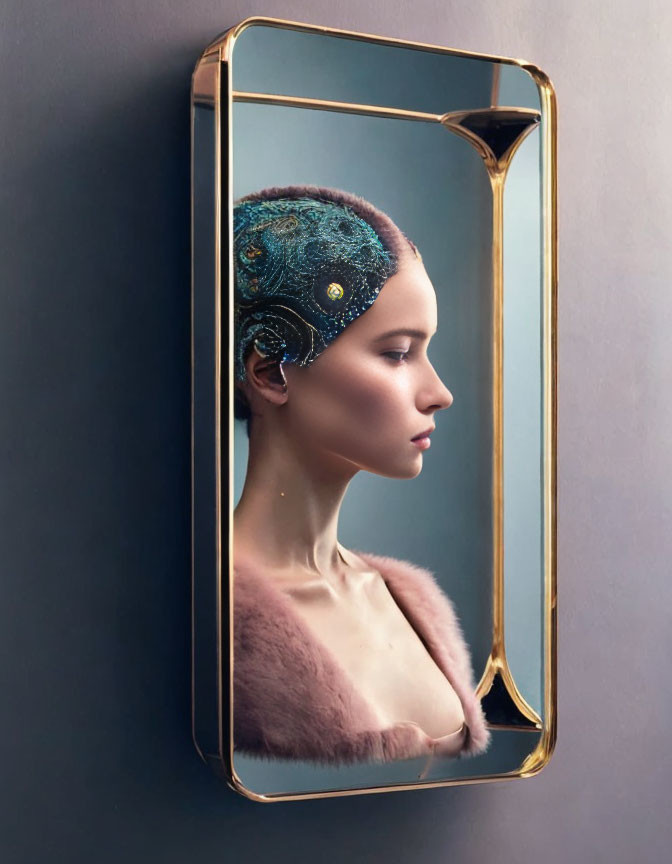 Elegant woman's profile in mirror with unique headpiece and fur garment