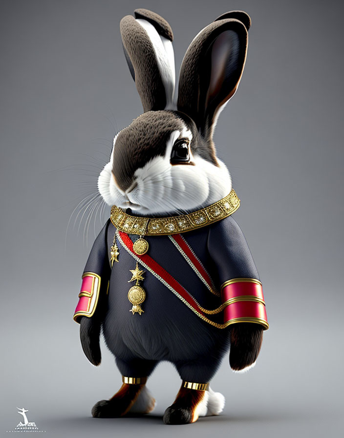 Anthropomorphic rabbit in regal military uniform with golden collar.