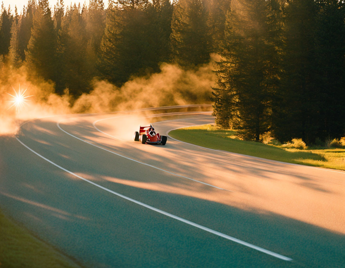 Speeding Race Car on Winding Forest Road at Sunset