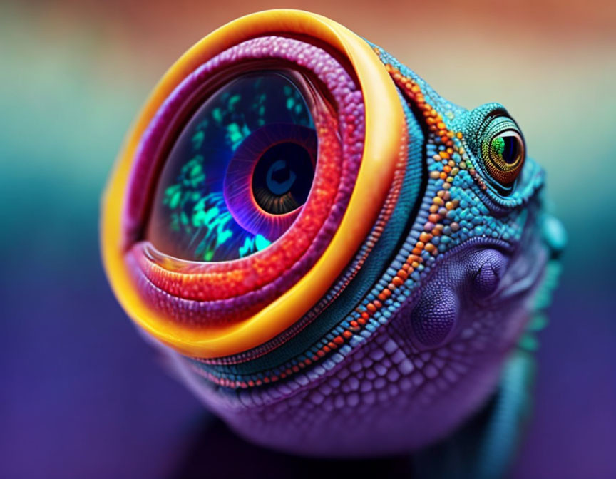 Colorful Stylized Chameleon with Large Exaggerated Eye on Purple Background