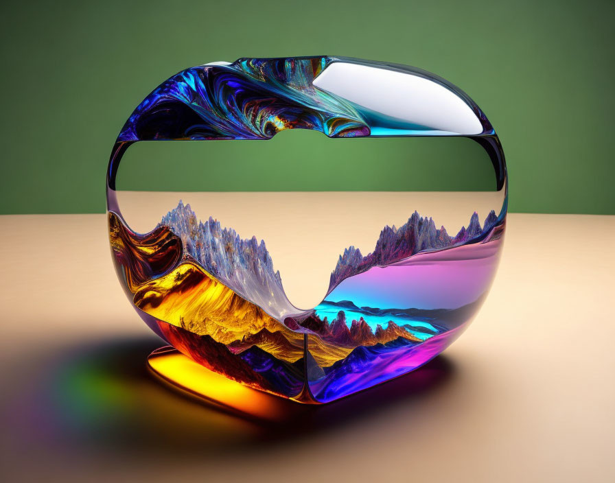 Iridescent Glass Sculpture of Swirling Landscape on Green-Yellow Background