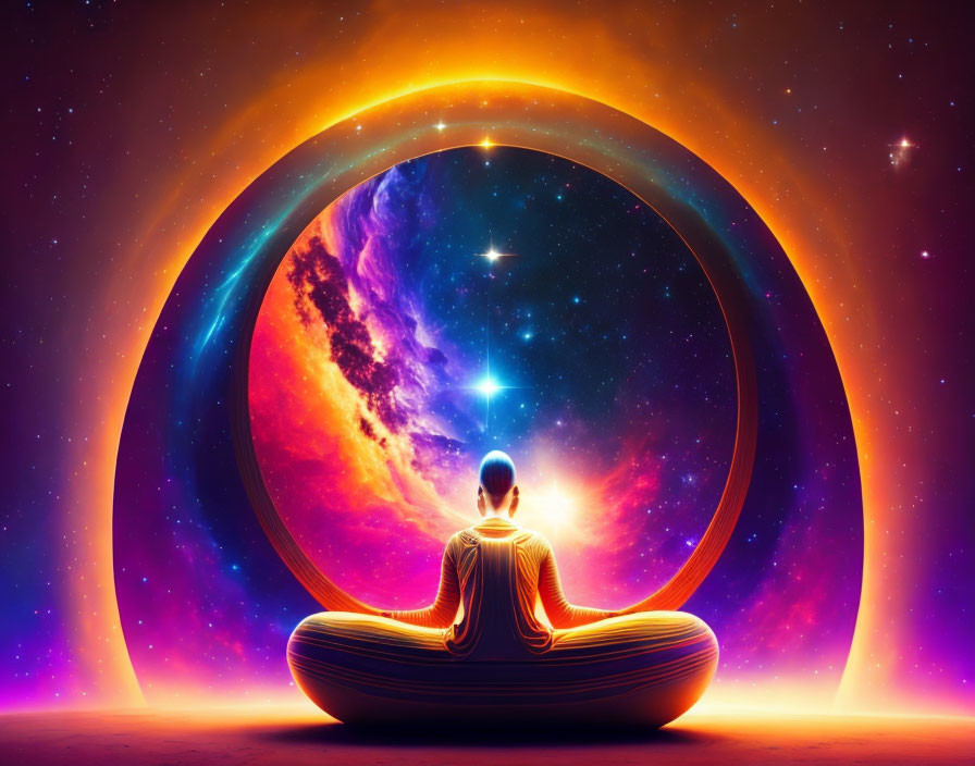 Meditating person on futuristic platform with glowing ring in cosmic background