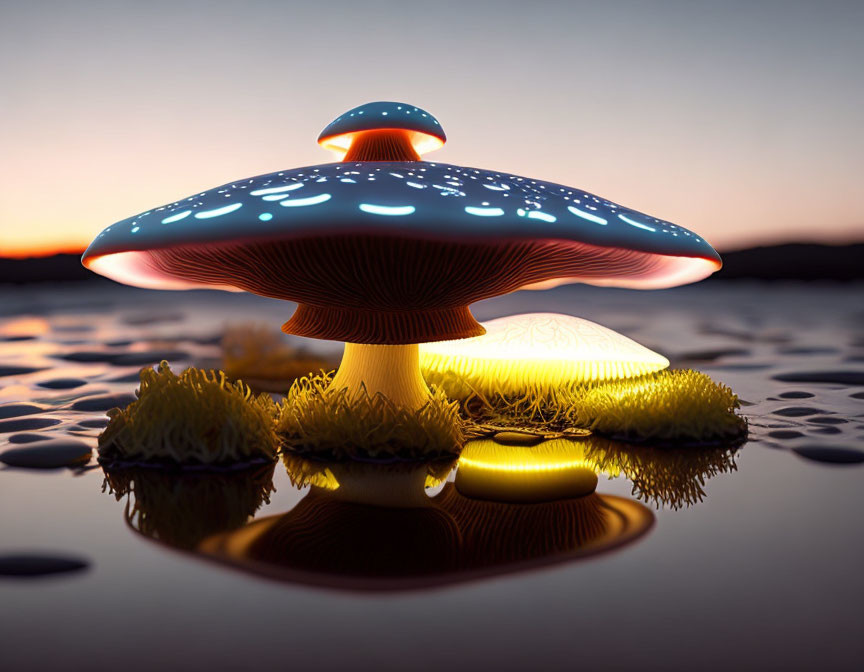 Bioluminescent mushroom glowing over serene water at dusk