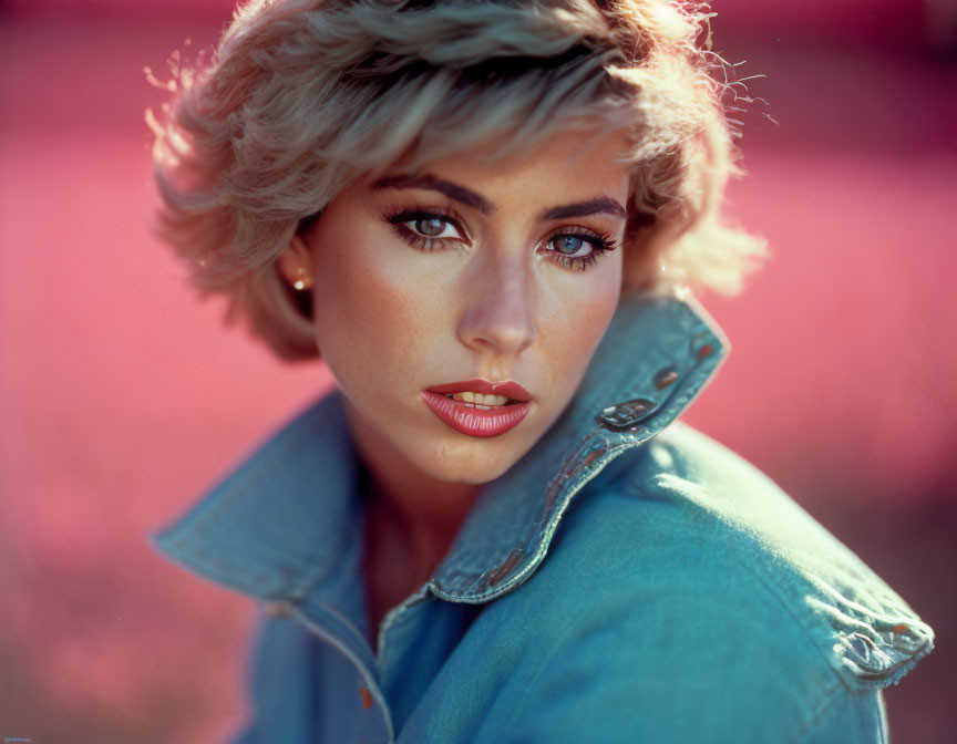 Blonde woman portrait in denim jacket on pink background