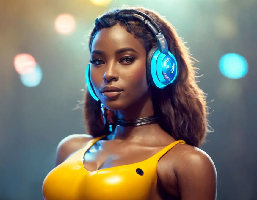 Woman in yellow top with headphones on bokeh light backdrop