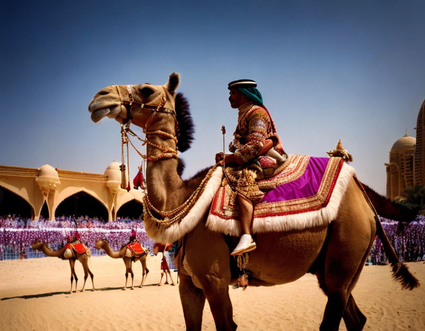 Traditional attire person riding decorated camel with ornate buildings and clear skies