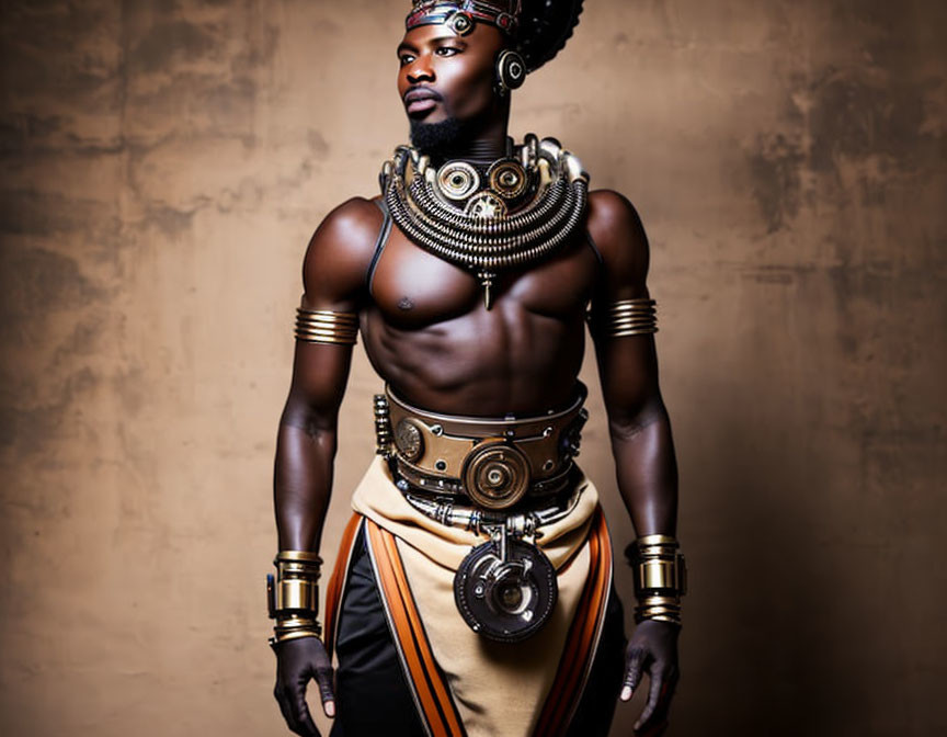 Person in tribal attire with ornate jewelry and headpiece against textured backdrop