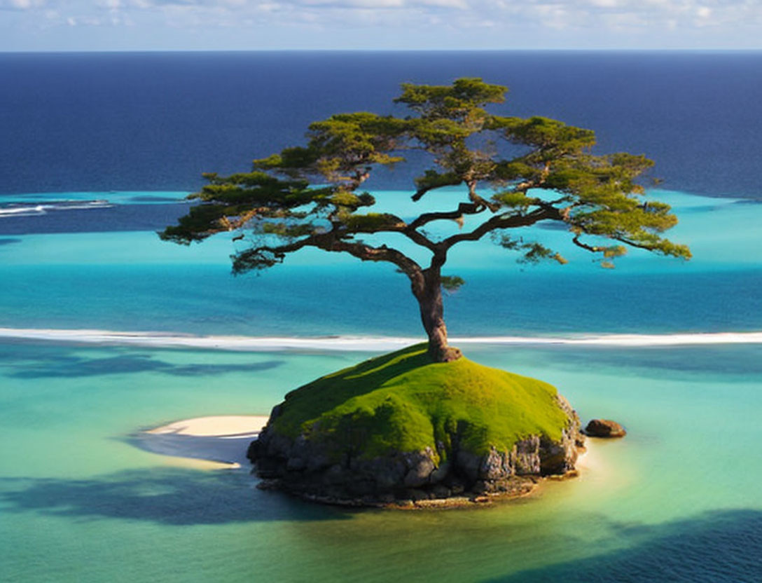 Solitary tree on island in turquoise waters under blue sky