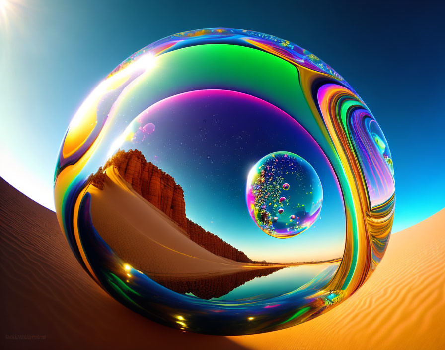 Iridescent soap bubble distorting desert landscape in surreal scene