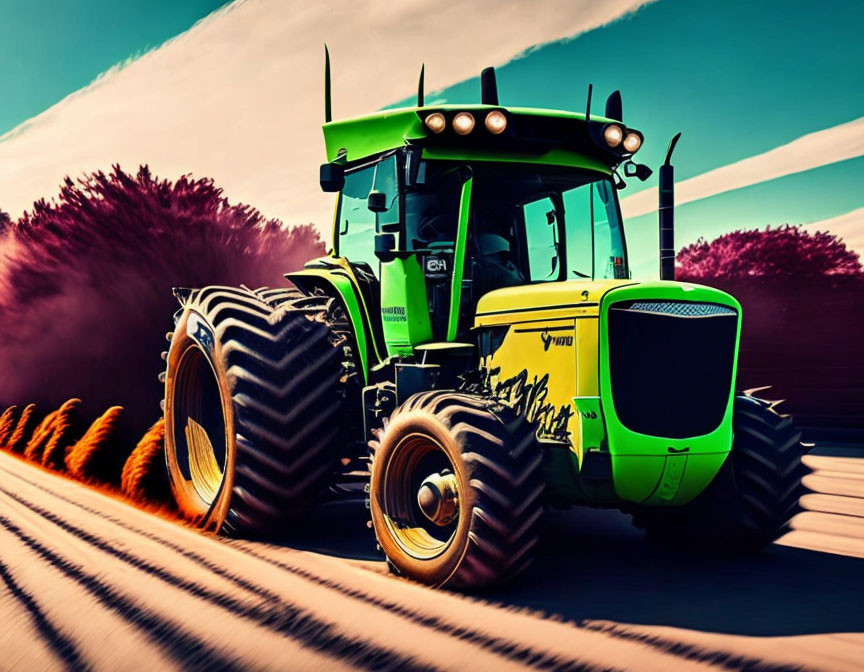 Colorful Stylized Image: Green Tractor on Field with Crops